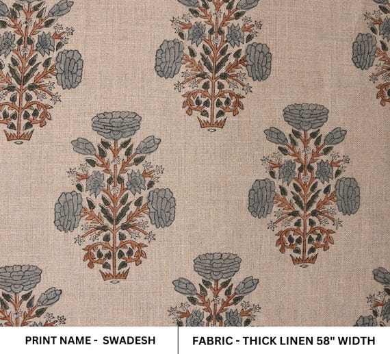 58" Wide Thick Linen Fabric | Indian Hand Block Floral Print Textile | Upholstery, Sofa Covers, Window & Home Decor Material - SWADESH