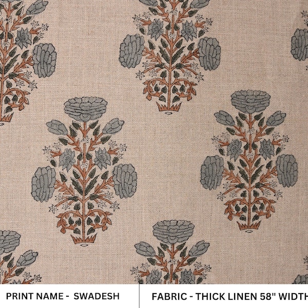 58 "breiter dicker Leinenstoff | Indischer Handblockblumendruck-Textil | Polsterung, Sofabezüge, Fenster- & Wohndekor-Material - SWADESH