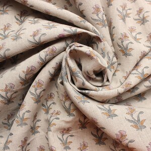 Floral printed pure  linen, Indian handmade fabric for napkins and boho pillows, pure linen block print fabric, floral Indian design for farmhouse interiors, Indian floral art block printed on pure  linen for napkin and pillow sets.