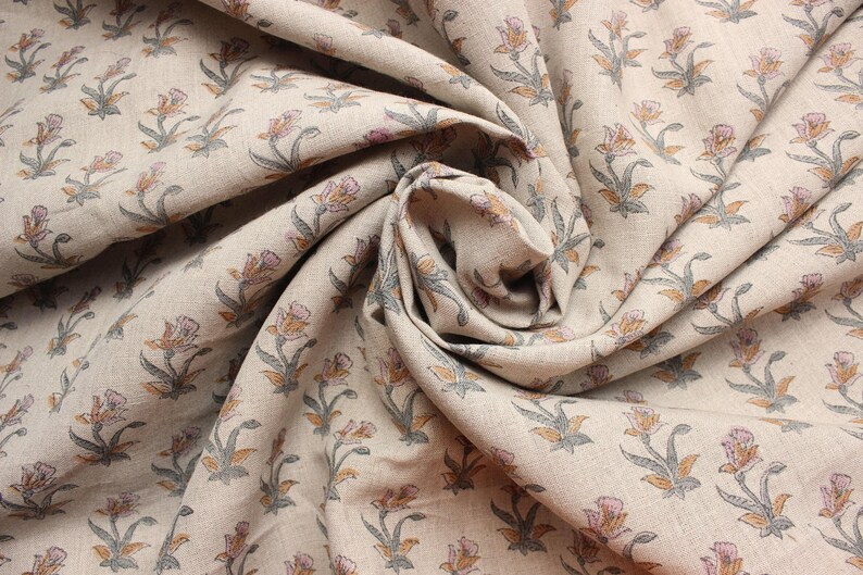 Floral printed pure  linen, Indian handmade fabric for napkins and boho pillows, pure linen block print fabric, floral Indian design for farmhouse interiors, Indian floral art block printed on pure  linen for napkin and pillow sets.