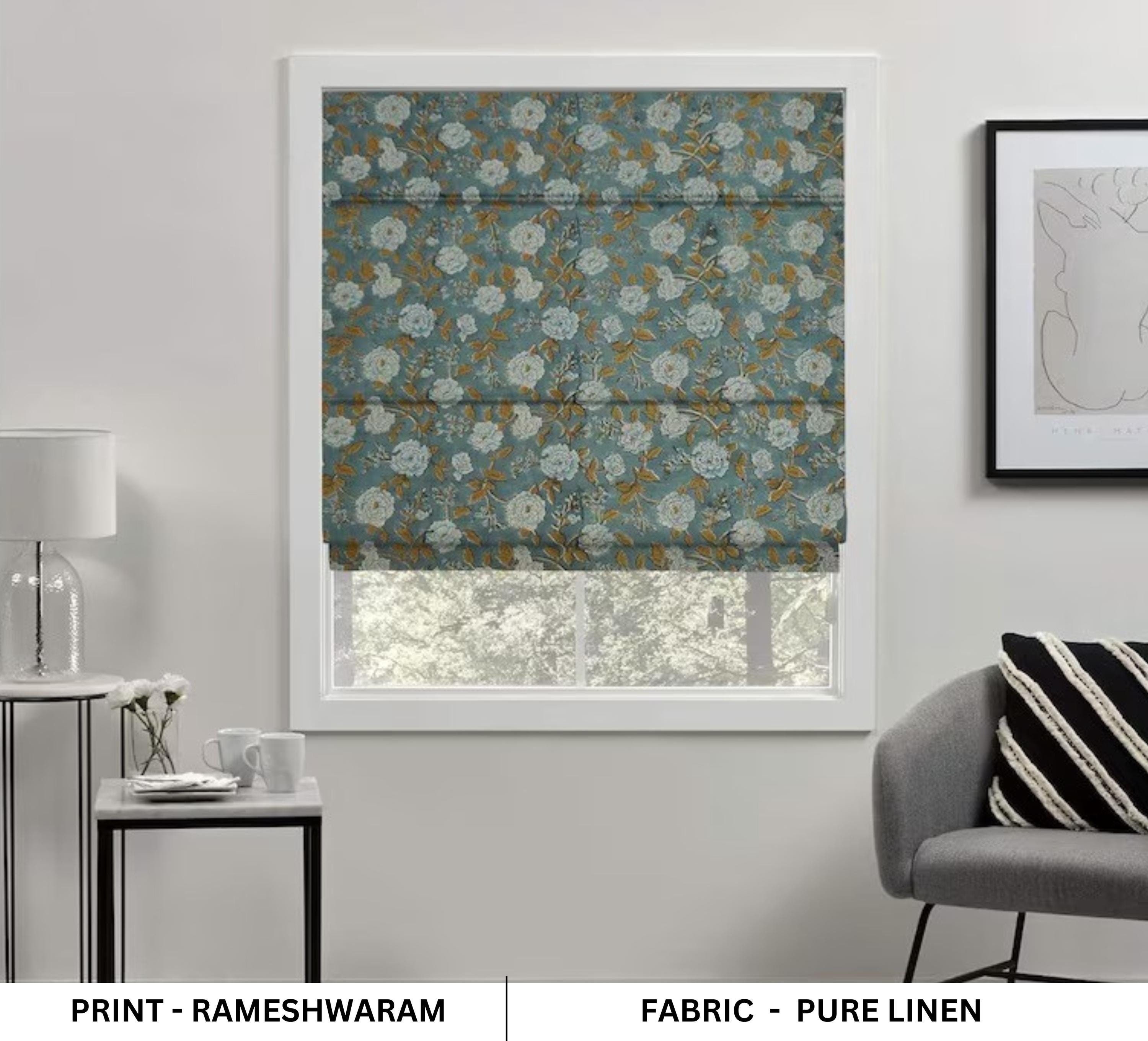 Linen Block Print Floral Window Roman Shade,  Farmhouse Printed Blackout Blind Window Covering Roman Shade - RAMESHWARAM