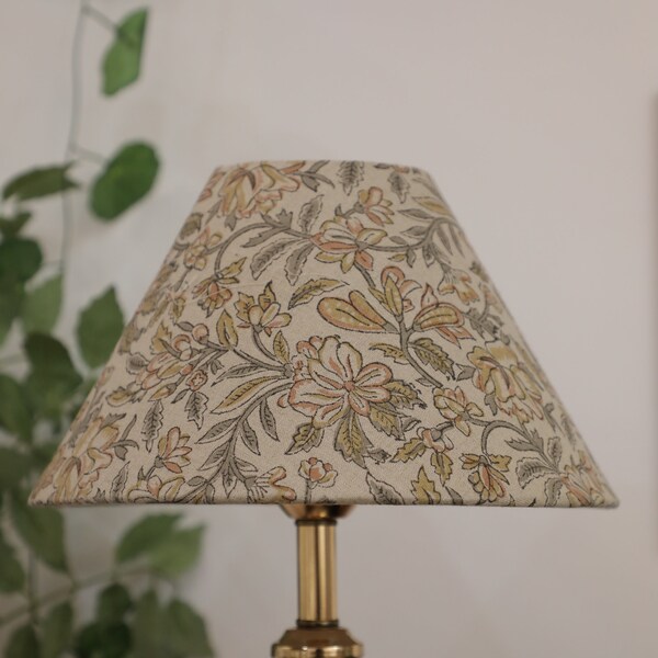 Linen Lamp shades, block printed fabric floor lamp, table lamp shade set of 2, floral print cone lampshade - Qudrat