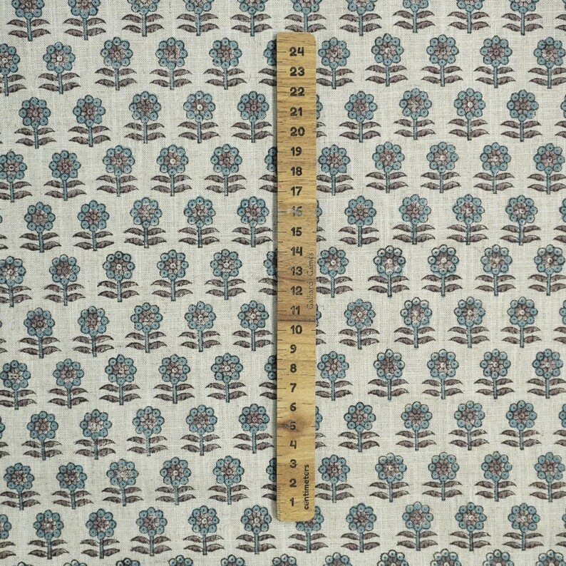 Teal blue with brown floral block print hand block print fabric, Indian block print, fabric for curtain, tablecloth, viscose linen - ANAMIKA image 7
