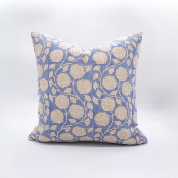 Floral Pillow Cover – Handmade Blue Linen Cushion, Farmhouse Vintage Decor for Window Seat