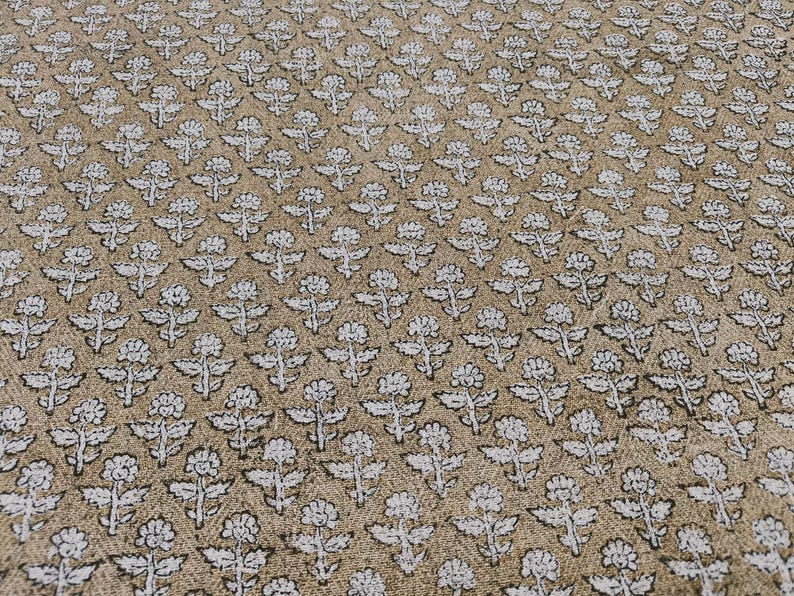 Linen Block Print Fabric 58 Inch Width Heavy Weight Linen Natural Base Color Curtains and Drapes Upholstery Handmade Art Pillow Covers Tablecloths and Runners Bedding Tote Bag Napkins by Fabritual