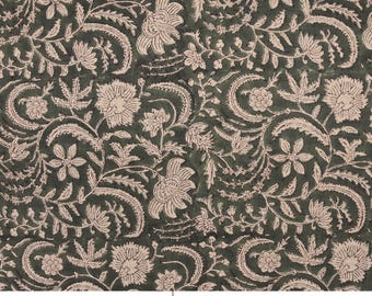 Thick Linen 58&quot; Wide, Handmade Natural Fabric Green Floral Print, Farmhouse Decorative Pillows and Table Cloth - KUNDANVAN