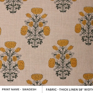 58" Wide Thick Linen Fabric | Indian Mustard Floral Hand Block Print Textile | Upholstery, Curtains, Sofa & Table Covers Home Decor- SWADESH