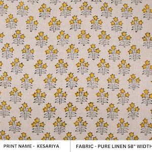 Hand Block Print, Pure Linen 58&quot; Wide, Floral Printed, Sewing Fabric, Pillow Cushion Cover, Upholstery Linen - KESARIYA