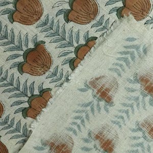 Block Print Fabric 58 Inch Width Light Weight Viscose Linen Natural Base Color and Floral Print Curtains and Drapes Pillow Covers Tablecloths and Runners Lampshades Napkins by Fabritual