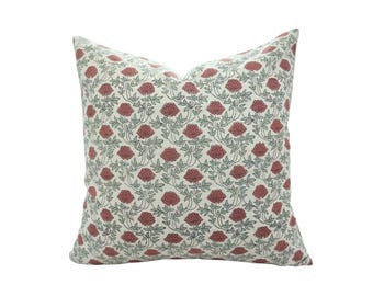 Handmade Green Floral Pillow, Designer Block Print Linen Cushion Artisan Green Floral Cushion Cover, Hand Block Printed - FAB-KHUBSURAT