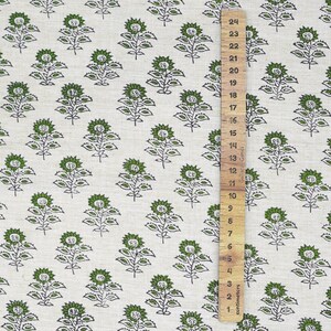 Natural linen blend textile with green leaf buti pattern, Indian handmade art perfect for farmhouse napkins, curtains, and upholstery fabric.