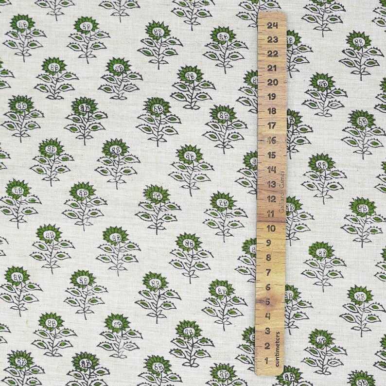 Natural linen blend textile with green leaf buti pattern, Indian handmade art perfect for farmhouse napkins, curtains, and upholstery fabric.