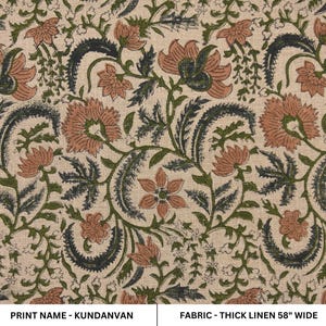 Hand block print, thick linen 58" wide fabric, linen fabric for pillows, cushions, table cloth, floral block art - KUNDANVAN