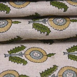 Linen Block Print Fabric 58 Inch Width Medium Weight Linen Natural Base With Unique  Color Curtains and Drapes Upholstery Pillow Covers Tablecloths and Runners Bedding Tote Bag Napkins by Fabritual