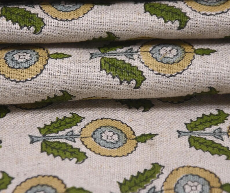 Linen Block Print Fabric 58 Inch Width Medium Weight Linen Natural Base With Unique  Color Curtains and Drapes Upholstery Pillow Covers Tablecloths and Runners Bedding Tote Bag Napkins by Fabritual