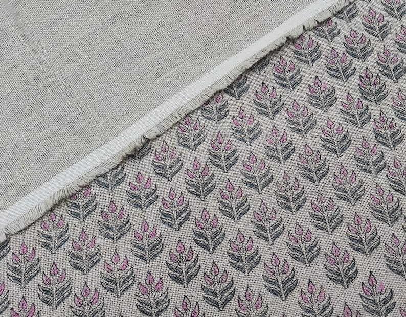 Linen Block Print Fabric 58 Inch Width Heavy Linen Natural Base Color Handmade Print To Make Curtains and Drapes Upholstery Pillow Covers Tablecloths and Runners Bedding Tote Bag by Fabritual