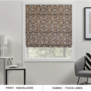 Brown floral print blackout roman shade, block print handmade roller blind, custom roman shade, printed Linen Window Cover - MAHA LAKSHMI