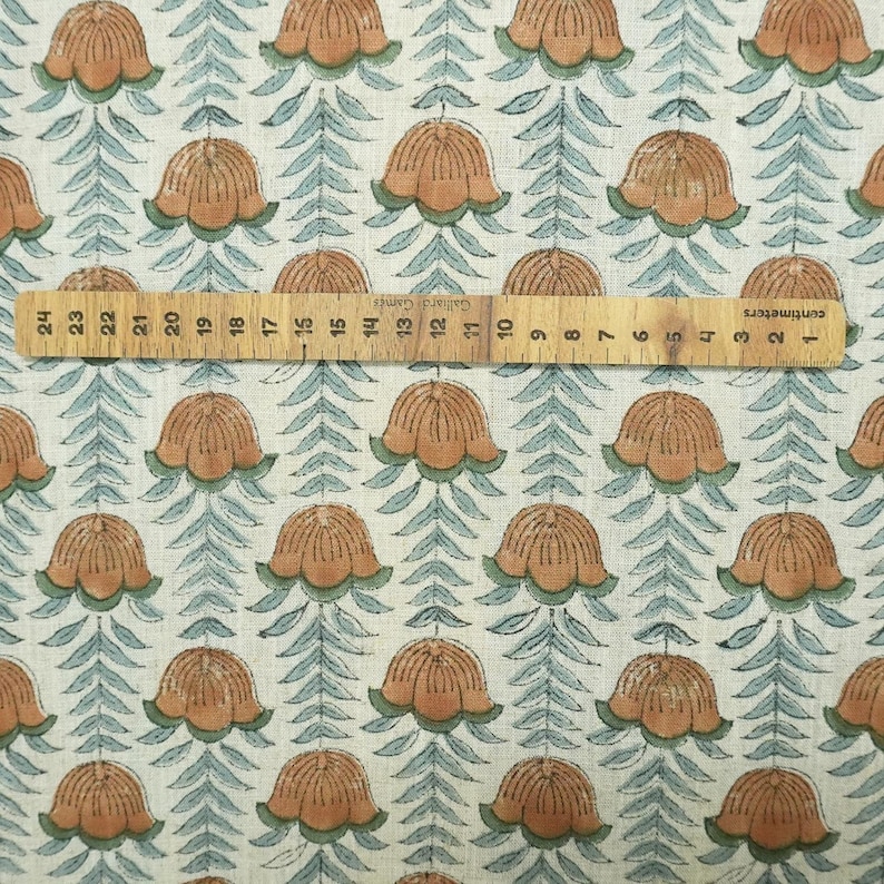 Block Print Fabric 58 Inch Width Light Weight Viscose Linen Natural Base Color and Floral Print Curtains and Drapes Pillow Covers Tablecloths and Runners Bedding Tote Bag Lampshades Napkins