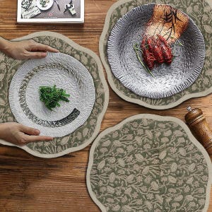 Block Print Placemats Round,  Fabric Placemats, Napkin and Placemats Sets,  Placemats Set of 6,  Scalloped Trim Round Placemat - Pishta