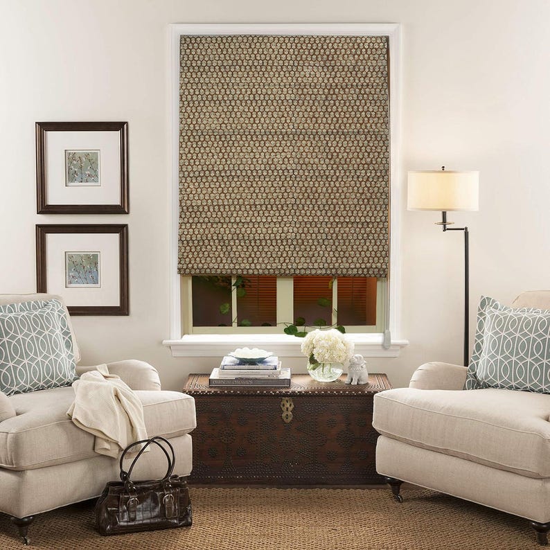 Roman Shade Block Print Linen Window Kitchen Treatments Blackout/white