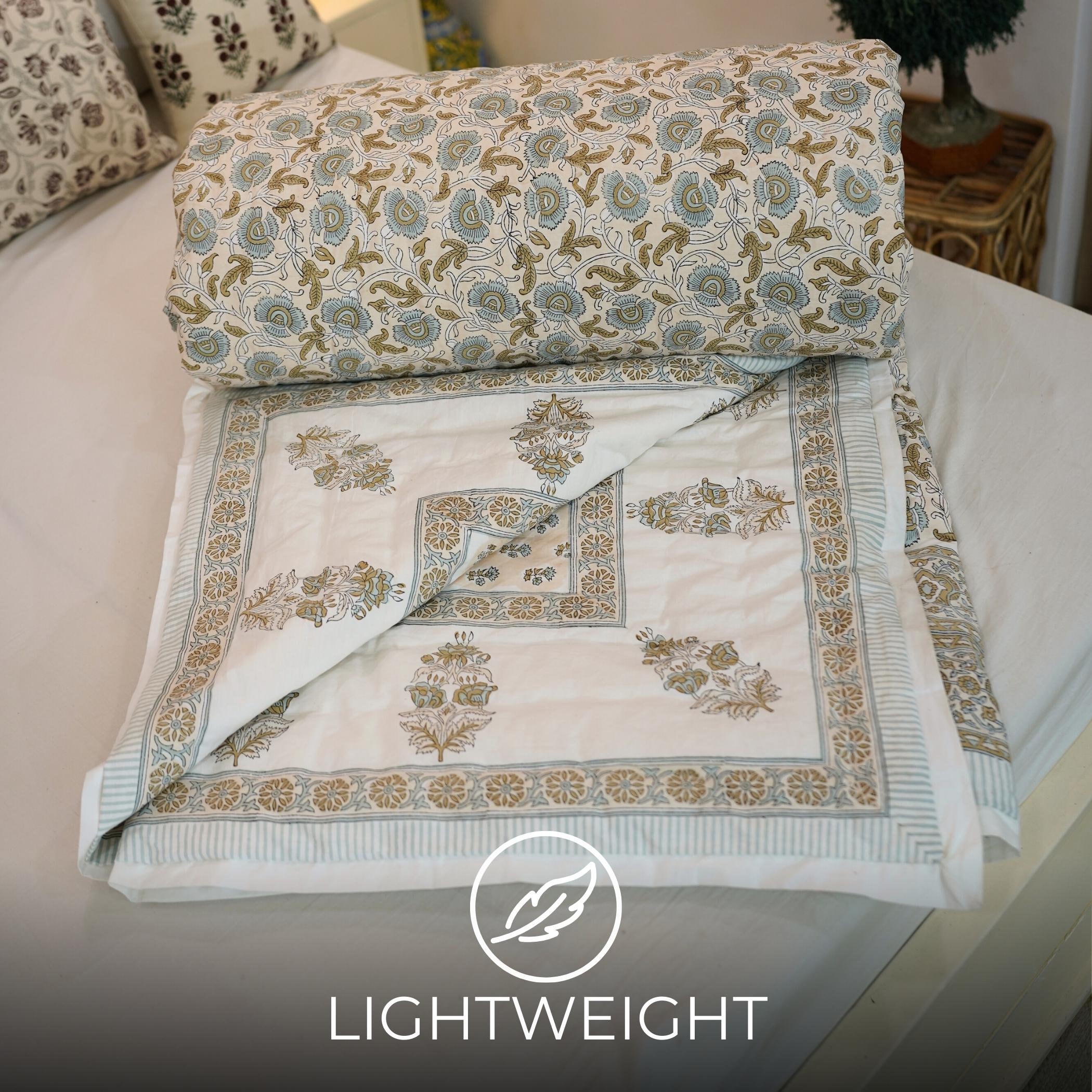 Warm handmade quilts, Indian quilts, decorative boho room quilts, block printed winter quilts, throw and blanket for bedding - Fabritual