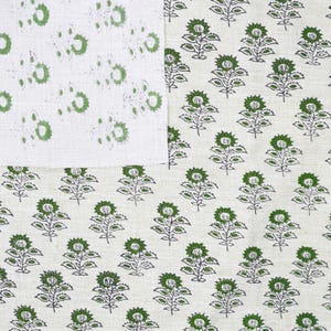 Farmhouse-style BAGRU BUTI fabric with heavy-weight linen blend, hand-printed green design great for rustic cushions and window panels.