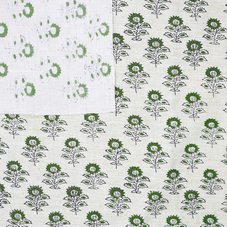 Farmhouse-style BAGRU BUTI fabric with heavy-weight linen blend, hand-printed green design great for rustic cushions and window panels.