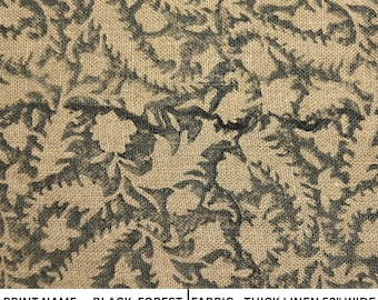 Handloom Thick Linen Fabric, Indian Floral Hand Block Print on Durable Thick Linen Fabric by the yard for Home Decor - BLACK FOREST