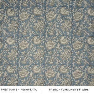 Block print linen fabric, floral handmade print cushion and pillow, decorative table napkins and cloth, printed linen - PUSHPLATA