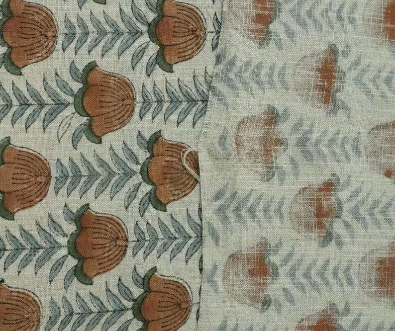 Block Print Fabric 58 Inch Width Light Weight Viscose Linen Natural Base Color and Floral Print Curtains and Drapes Pillow Covers Tablecloths and Runners Bedding Tote Bag Lampshades Napkins by Fabritual