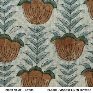 Block Print Fabric 58 Inch Width Light Weight Viscose Linen Natural Base Color and Floral Print Curtains and Drapes Pillow Covers Tablecloths and Runners Bedding Tote Bag Lampshades Napkins by Fabritual
