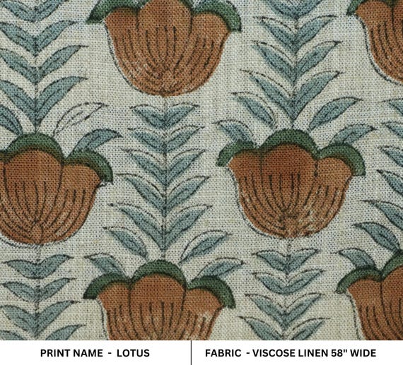 Floral Block Print Viscose Linen 58" Wide Handmade Linen Fabric Curtain And Couch Pillow Fabric Boho Decor Farmhouse Drapery Linen - LOTUS