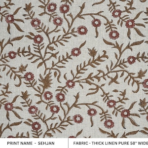 Hand block print, thick linen fabric, floral handmade art, linen natural fabric for pillow cover and sofa cover, upholstery linen - SEHJAN