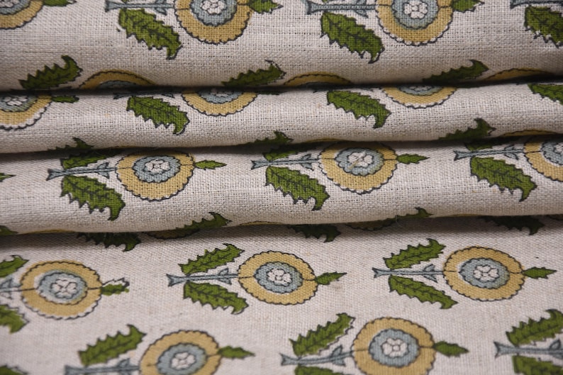 Linen Block Print Fabric 58 Inch Width Medium Weight Linen Natural Base With Unique  Color Curtains and Drapes Upholstery Pillow Covers Tablecloths and Runners Bedding Tote Bag Lampshades by Fabritual