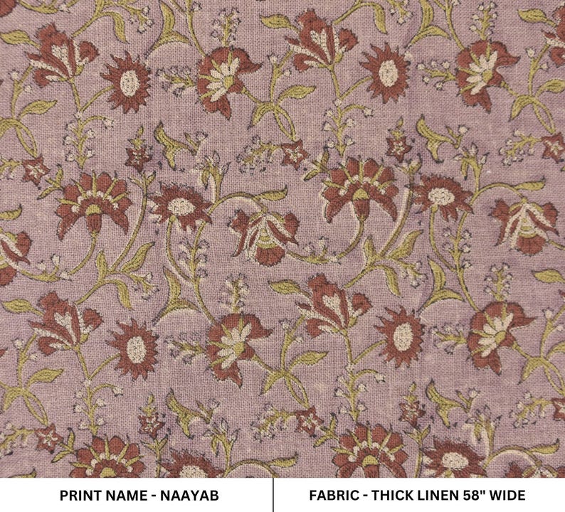 Linen Block Print Fabric 58 Inch Width Heavy Weight Linen Natural Base Color Curtains and Drapes Upholstery Handmade Art Pillow Covers Tablecloths and Runners Bedding Tote Bag Lampshades Napkins by Fabritual