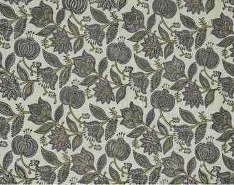 Linen hand block print fabric, floral handmade fabric, linen by the yard, curtain and drapery fabric, linen blend natural - CUSTARD APPLE