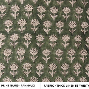 Thick Linen 58" Wide Indian hand block floral print, fabric by the yard, hand made upholstery sofa cover - PANKHUDI