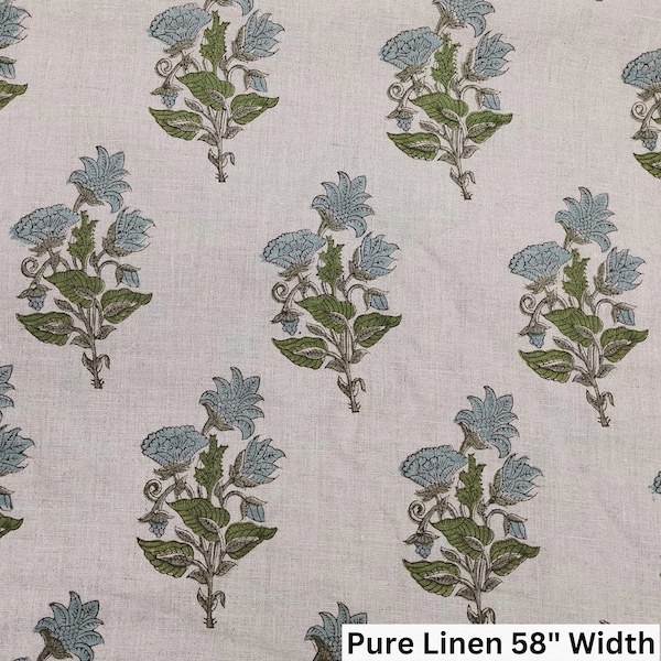 ABHISHEK // Gris Verde Grande 6" de largo tela de lino con estampado de bloques florales, Tela de tapicería de cojín de almohada cortada a medida, Decoración del hogar