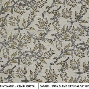 Floral block print linen blend natural fabric, handmade print, linen fabric for drapery and upholstery, cushion and table linen - KAMALDUTTA