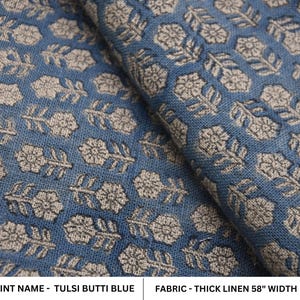 Block Print Thick Linen 58&quot; Wide, handblock floral curtains, Indian fabric Cushion Cover, Blue color linen - Tulsi Butti