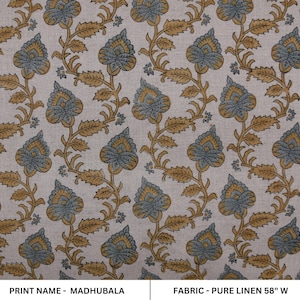 Block Print Pure Linen 58" Wide, Handloom Indian fabric , floral pillow print, upholstery, linen by yard, cushion fabric - MADHUBALA