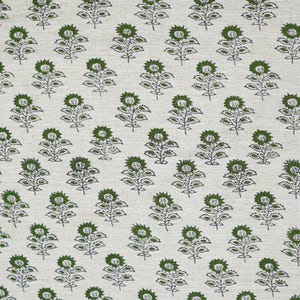 Traditional Indian block printed green leaf design on linen blend fabric, 58" wide, ideal for boho decor, tablecloths, and cushion fabrics.