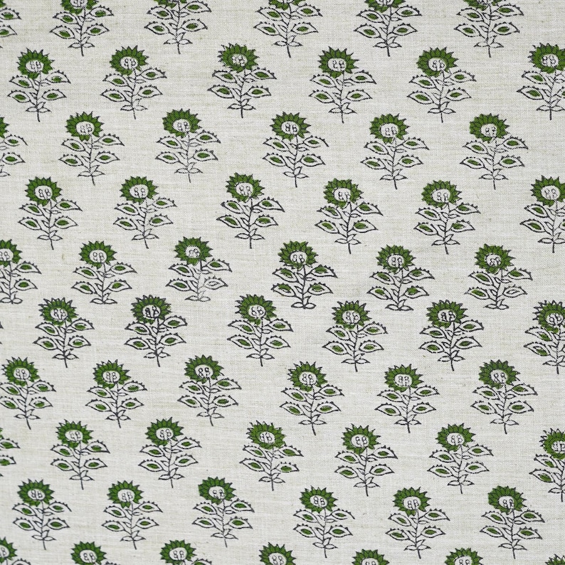 Traditional Indian block printed green leaf design on linen blend fabric, 58" wide, ideal for boho decor, tablecloths, and cushion fabrics.