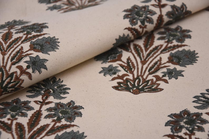 Thick Cotton Block Print Fabric 44 Inch Width Medium Weight Beige Base Color Curtains and Drapes Tablecloths and Runners Bedding Tote Bag Lampshades Napkins by Fabritual