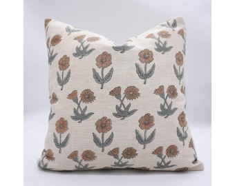 Handmade Green Floral Pillow, Designer Block Print Linen Cushion Eco-Chic Green Linen Cushion Cover, Indian Floral Block Print - FAB-KIRTI