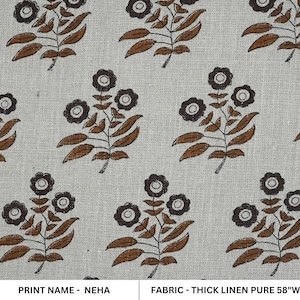 Tela con estampado floral en bloques, lino grueso de 147 cm de ancho, tela de tapicería para cortinas, cojines, arte hecho a mano, tela hecha a mano - NEHA
