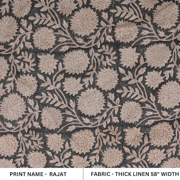 Block Print Thick Linen Fabric 58 Inch Wide | Brown Floral Indian Textile for Table Covers, Cushion Covers & Upholstery Home Decor - RAJAT