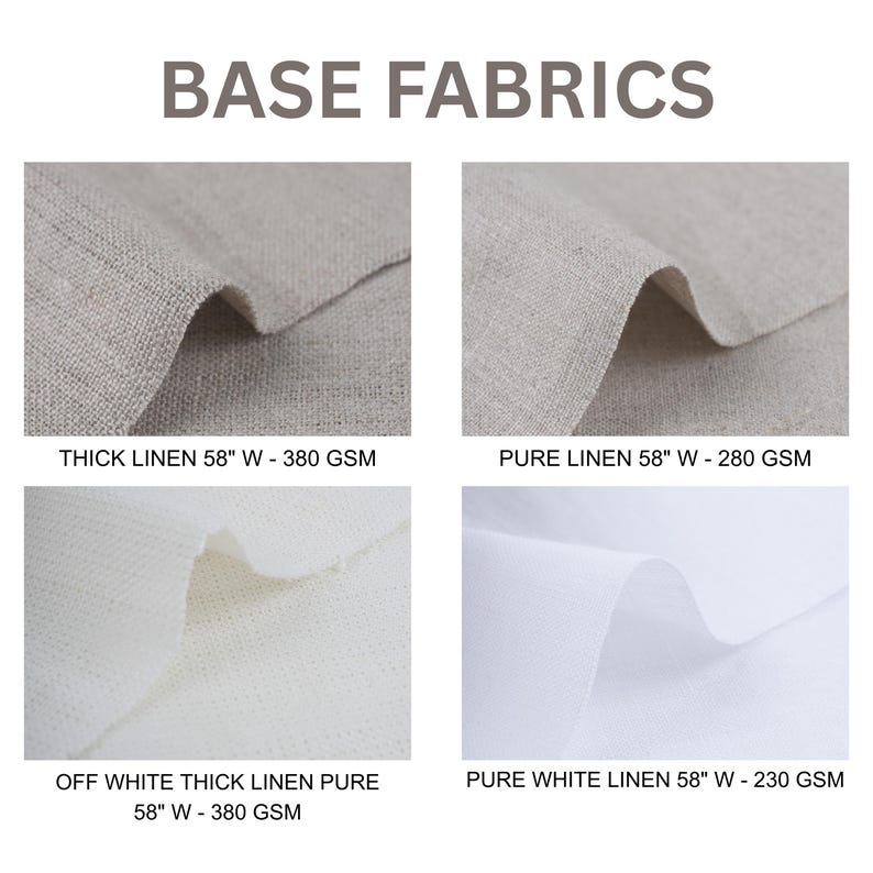 four different fabric swatches, each with varying thicknesses and types of linen.
