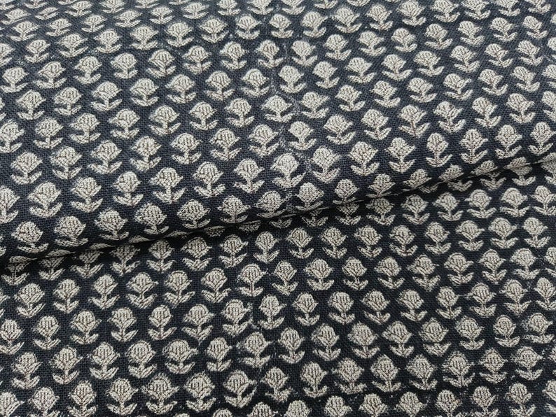 Linen Block Print Fabric 58 Inch Width Heavy Weight Linen Natural Base Color Curtains and Drapes Upholstery Handmade Art Pillow Covers Tablecloths and Runners Bedding Tote Bag Napkins by Fabritual