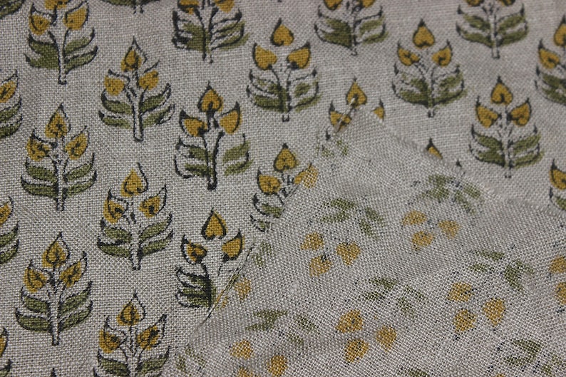 Reines Leinen, 147 cm breit | Handgefertigter indischer Blockdruckstoff mit Blumenmuster für Kissenbezüge, Sofa- und Tischdekoration - ALIA Bild 4